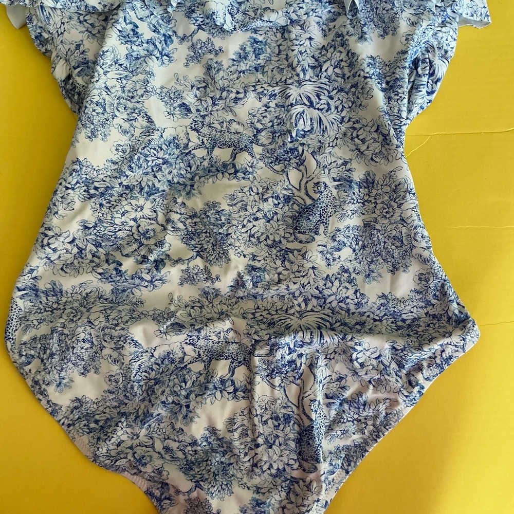 J. Crew Ruched sweetheart one-piece swimsuit ruffles blue toile sz 12 WORN ONCE - Picture 5 of 6